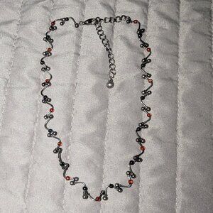$2 with Bundle ~ Minimalist Silver Tone Bead Necklace w/ Red Black Detail 5698